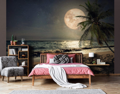 Night Beach with Moon Tropical Scenery Non-woven Photo Wallpaper Size Selection