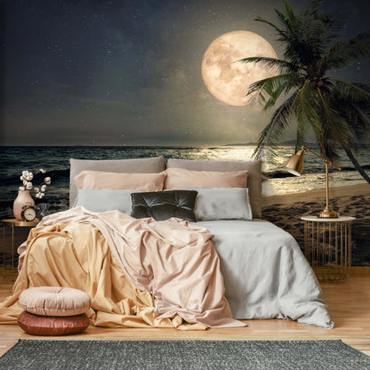 Night Beach with Moon Tropical Scenery Non-woven Photo Wallpaper Size Selection