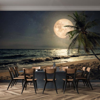 Night Beach with Moon Tropical Scenery Non-woven Photo Wallpaper Size Selection