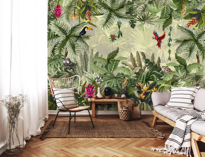 Green Jungle Parrots Botanical Nature Non-woven Photo Wallpaper