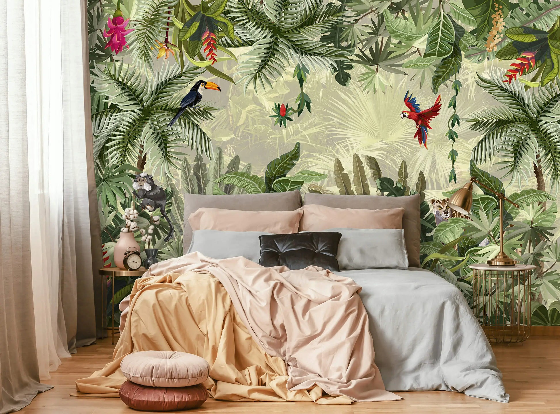 Bedroom with tropical wall mural featuring plants and birds