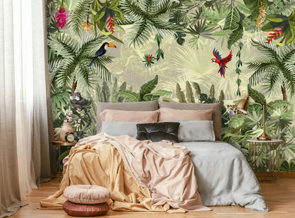 Bedroom with tropical wall mural featuring plants and birds