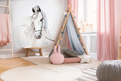 Children's room with a teepee, horse wall mural, and pink accents.