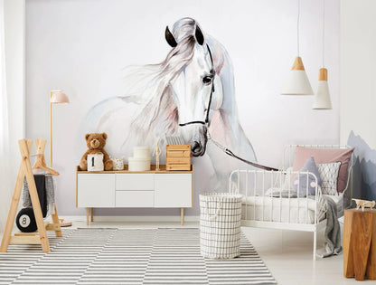 Children's room with a large horse mural on the wall, white bed, and wooden furniture.