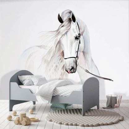 Children's bedroom with a large wall mural of a white horse, gray bed, and wooden toys.