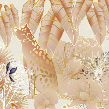A section of non-woven photo wallpaper featuring an illustration of a jaguar among tropical leaves and flowers in a golden background.