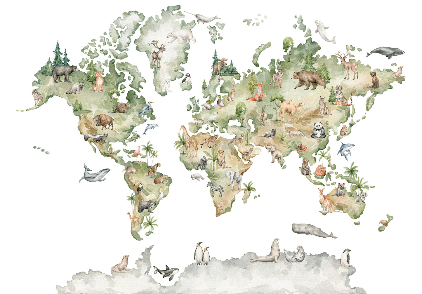 Map of the World Animals Toddler Non-woven Photo Wallpaper (W x H) 368 cm x 254 cm (144" x 100")