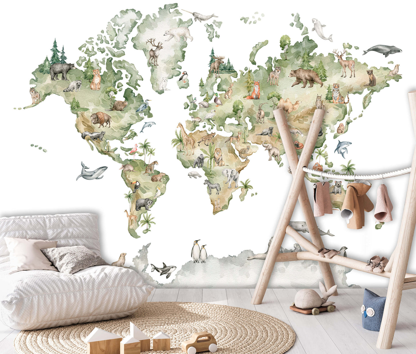 Map of the World Animals Toddler Non-woven Photo Wallpaper (W x H) 368 cm x 254 cm (144" x 100")