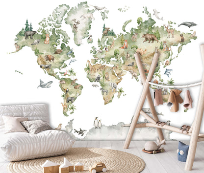 A wallpaper with a map of the world and various animals, displayed on a wall above a wooden rocking chair and a toy box, with a white carpet and a pillow in the foreground.