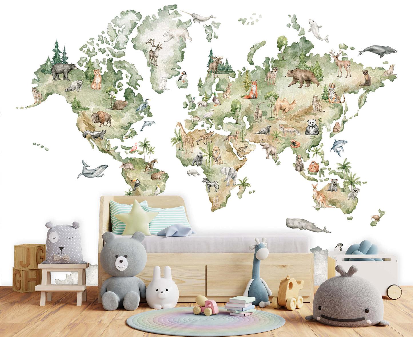 Map of the World Animals Toddler Non-woven Photo Wallpaper (W x H) 368 cm x 254 cm (144" x 100")