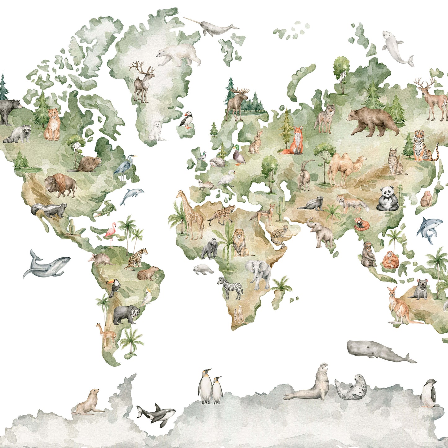 Map of the World Animals Toddler Non-woven Photo Wallpaper (W x H) 368 cm x 254 cm (144" x 100")