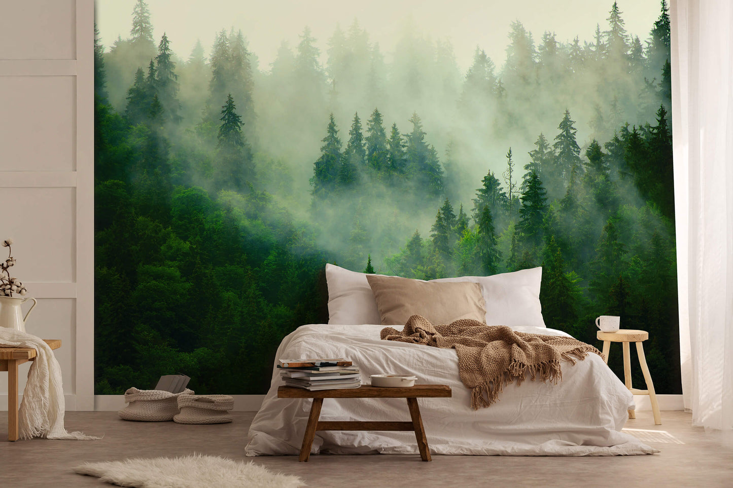 Green Forest Trees Foggy Nature Non-woven Photo Wallpaper (W x H) 312 cm x 219 cm (123" x 86")