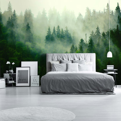 A bedroom with a nature-themed non-woven photo wallpaper featuring a forest and fog, alongside a bed with white bedding and a nightstand with a lamp.