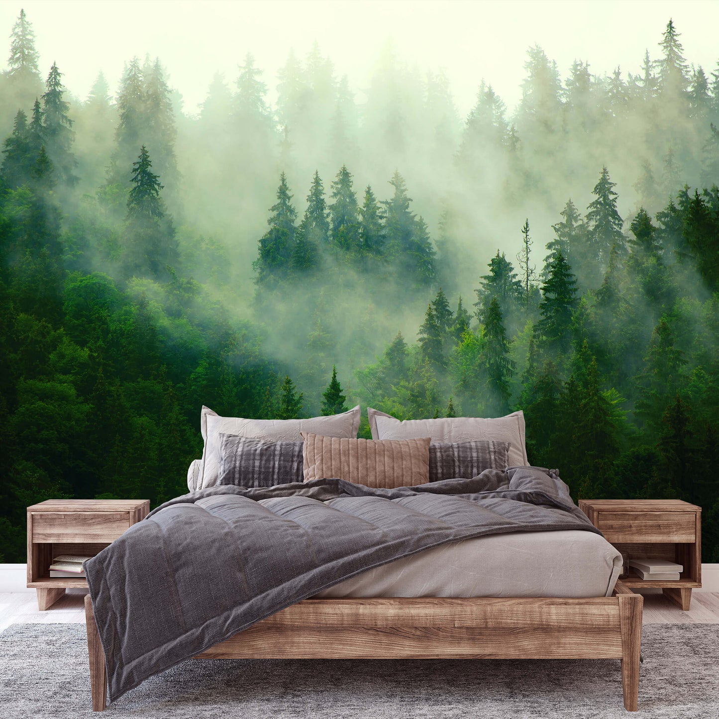 Green Forest Trees Foggy Nature Non-woven Photo Wallpaper (W x H) 312 cm x 219 cm (123" x 86")