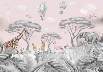 Children's wall mural with animals and hot air balloons on a pink background
