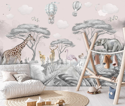 Children's room with safari-themed wallpaper, furniture, and toys.