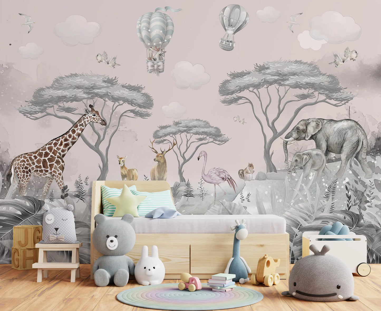 Baby Bedroom Safari Pink Non-woven Photo Wallpaper (W x H) 312 cm x 219 cm (123" x 86")