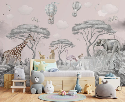 Children's room with safari-themed wallpaper, toys, and furniture.