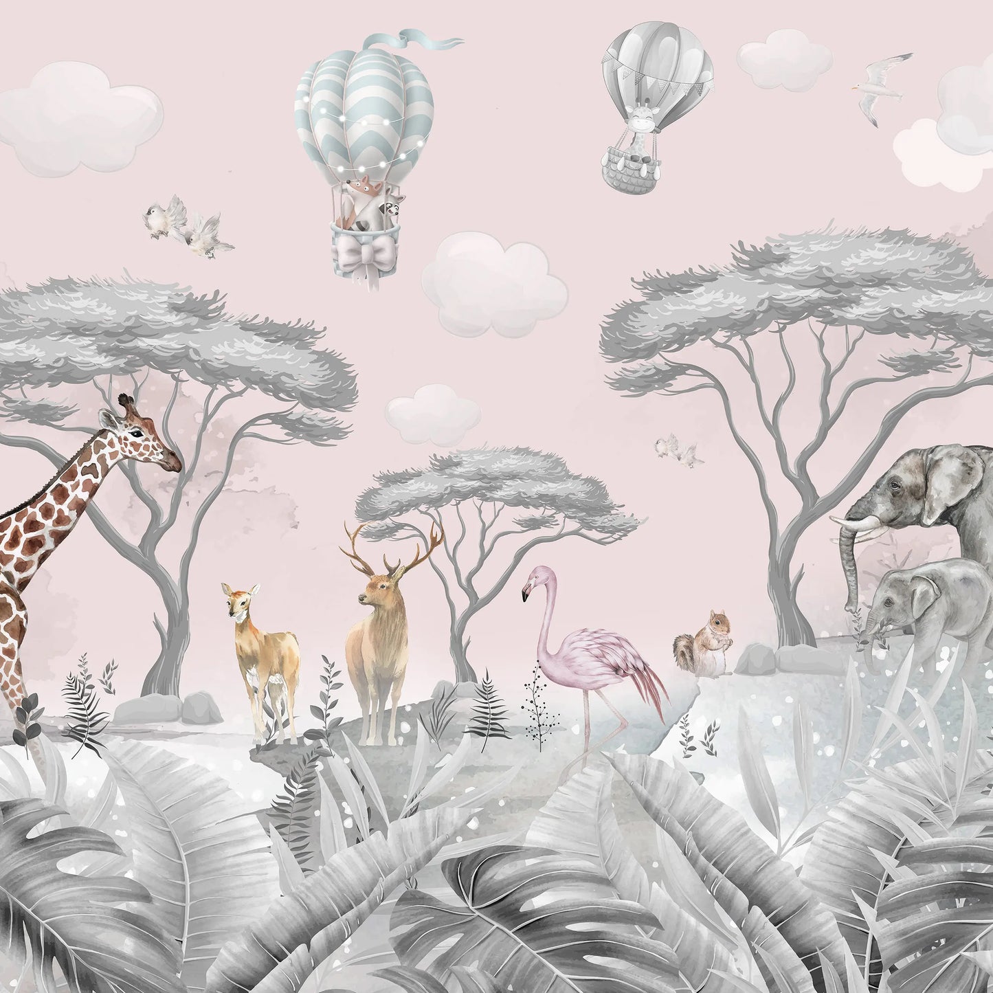 Baby Bedroom Safari Pink Non-woven Photo Wallpaper (W x H) 312 cm x 219 cm (123" x 86")