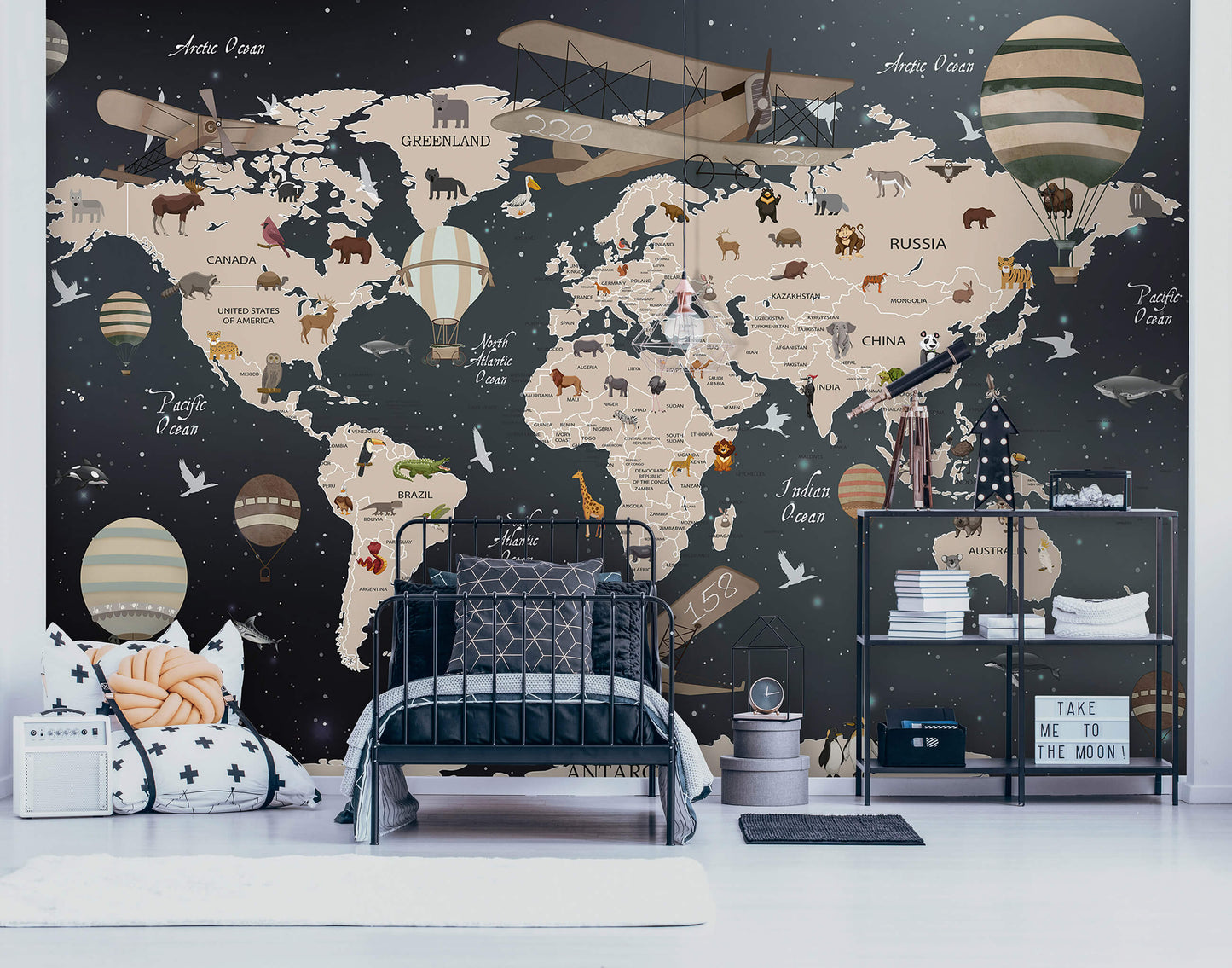 Black and Brown Map Adventure Non-woven Photo Wallpaper (W x H) 312 cm x 219 cm (123" x 86")