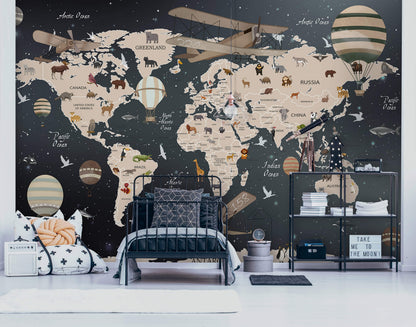 Black and Brown Map Adventure Non-woven Photo Wallpaper (W x H) 312 cm x 219 cm (123" x 86")