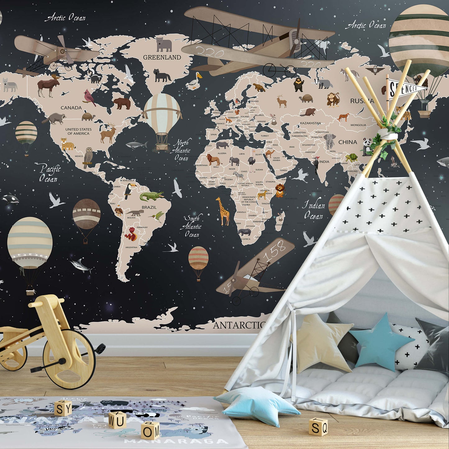 Black and Brown Map Adventure Non-woven Photo Wallpaper (W x H) 312 cm x 219 cm (123" x 86")