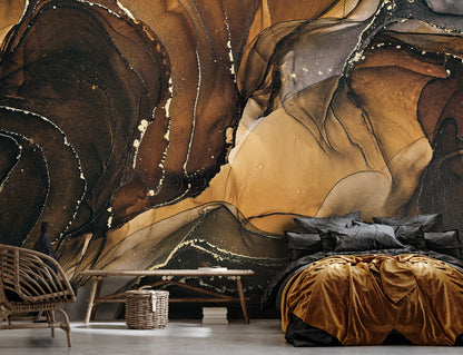 Modern bedroom with abstract wall art and textured bedding