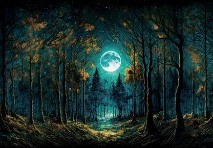 Dark forest with a full moon in the center