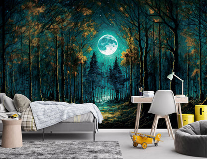 Room interior with a forest mural featuring a full moon and trees.