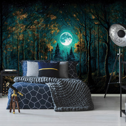 Room interior with a forest mural on the wall, featuring a bed with pillows and blankets.