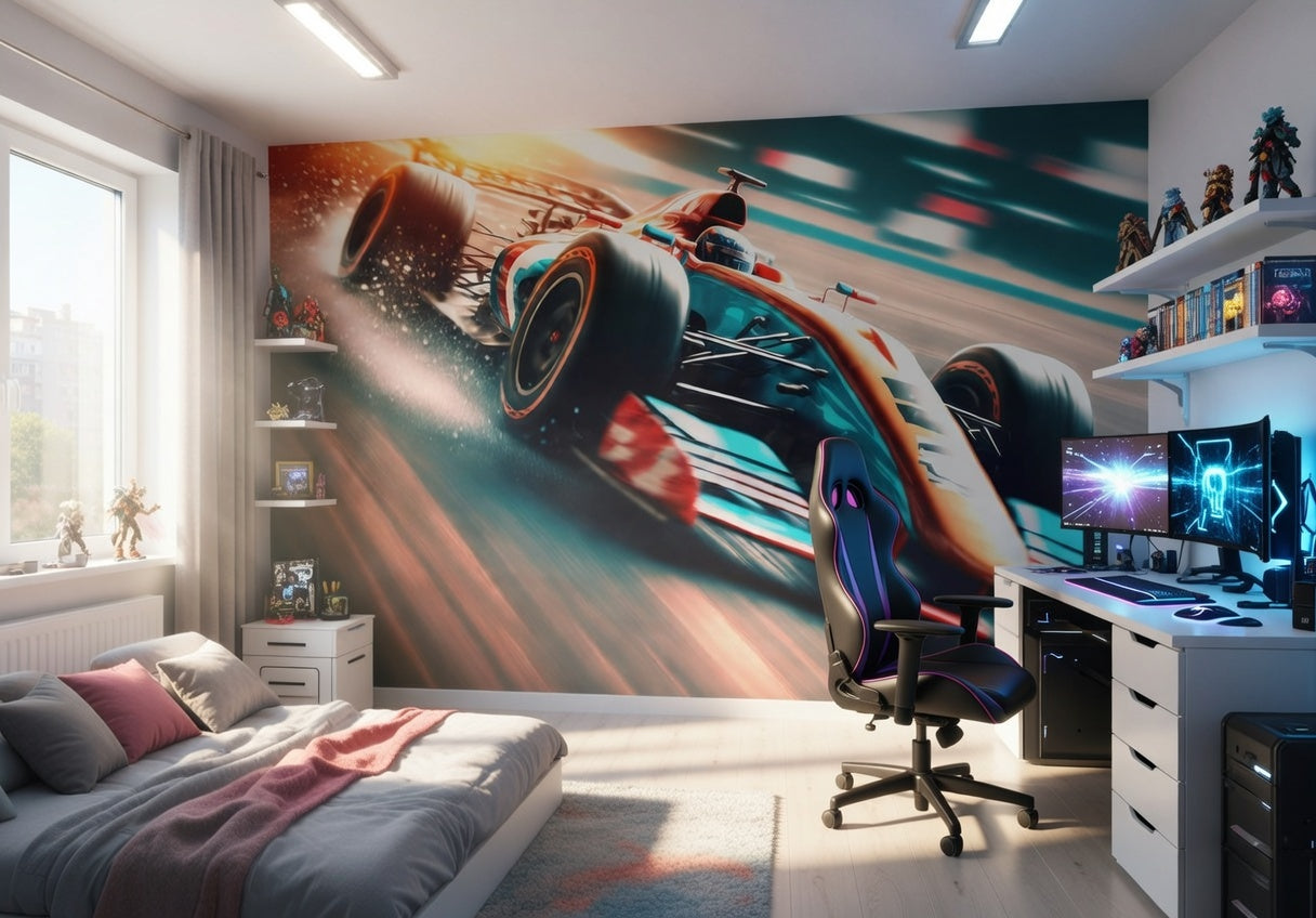 Modern bedroom with racing car mural, gaming desk, and chair.