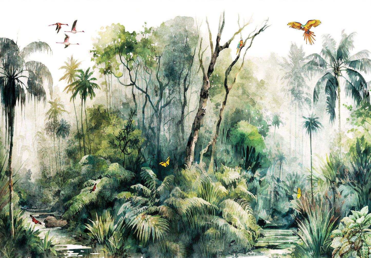 Painted Jungle Birds Palms Nature Non-woven Photo Wallpaper (W x H) 312 cm x 219 cm (123" x 86")