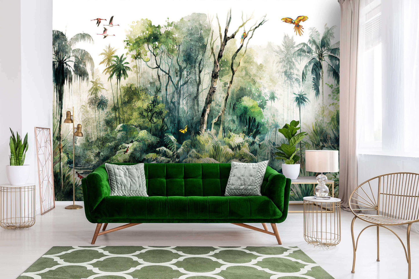 Painted Jungle Birds Palms Nature Non-woven Photo Wallpaper (W x H) 312 cm x 219 cm (123" x 86")