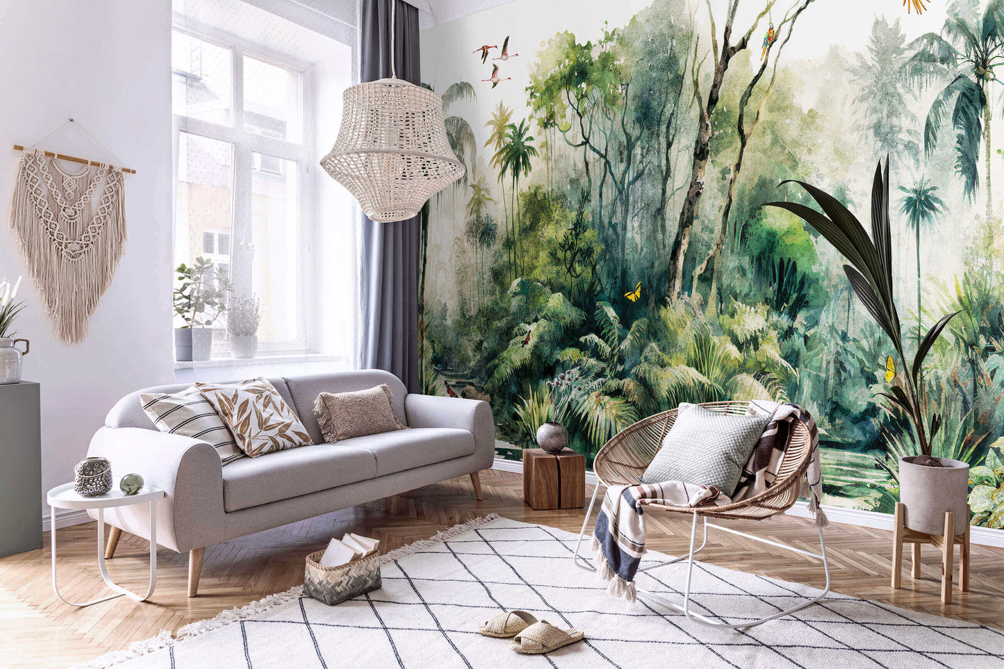 Painted Jungle Birds Palms Nature Non-woven Photo Wallpaper (W x H) 312 cm x 219 cm (123" x 86")