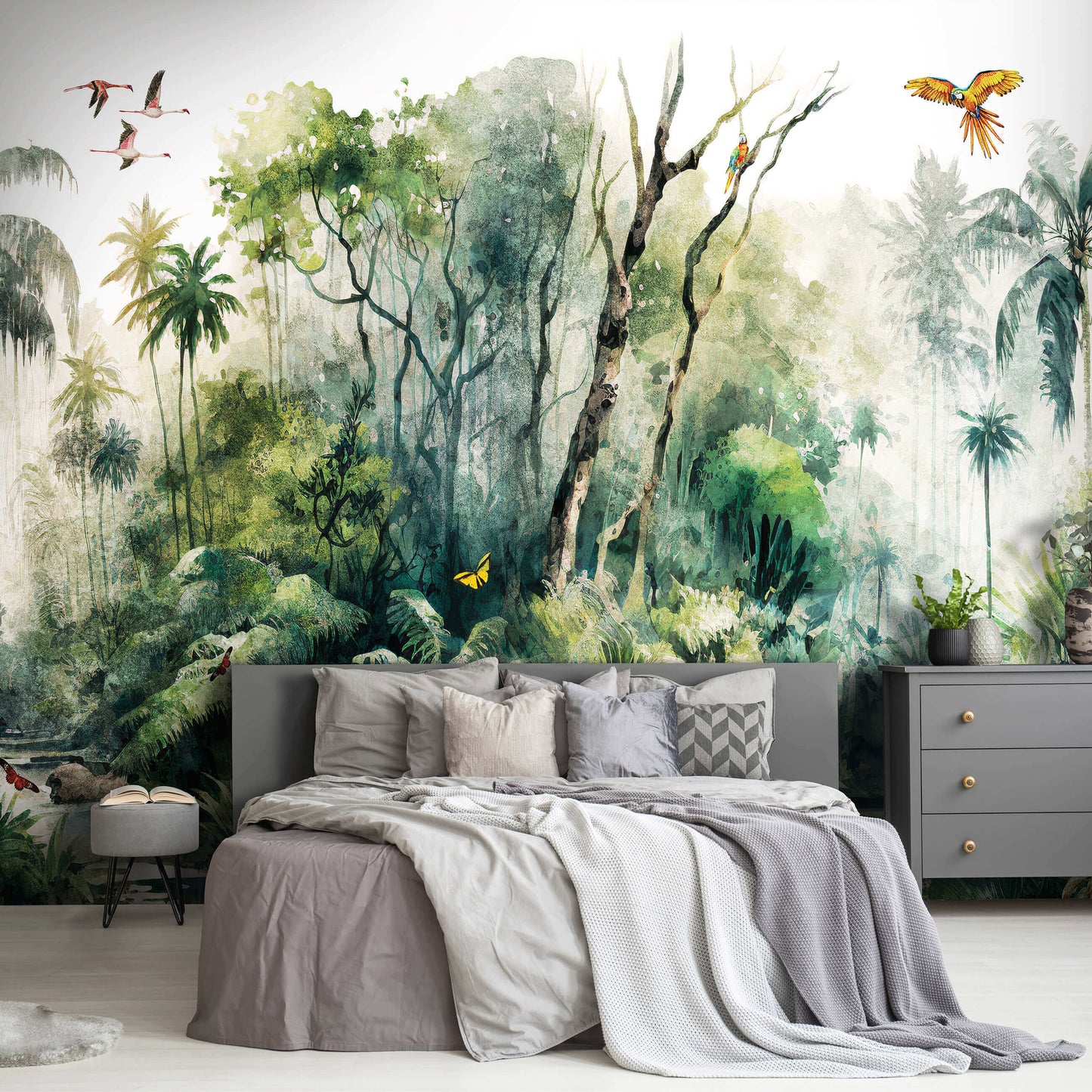 Painted Jungle Birds Palms Nature Non-woven Photo Wallpaper (W x H) 312 cm x 219 cm (123" x 86")