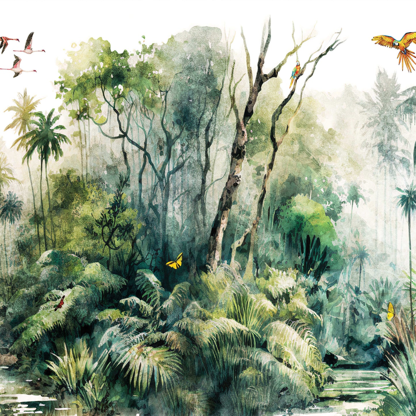 Painted Jungle Birds Palms Nature Non-woven Photo Wallpaper (W x H) 312 cm x 219 cm (123" x 86")