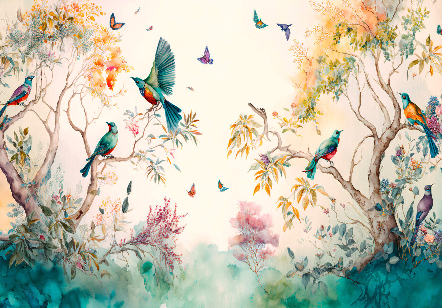 Exotic Birds in the Forest Animal Non-woven Photo Wallpaper (W x H) 312 cm x 219 cm (123" x 86")