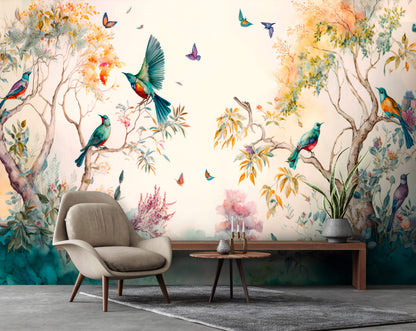 A photo wallpaper featuring a vibrant and colorful design of exotic birds in a forest setting, installed on a wall with a chair and a small wooden table in the foreground.
