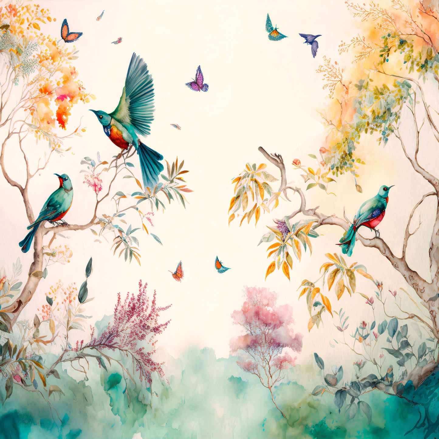 Exotic Birds in the Forest Animal Non-woven Photo Wallpaper (W x H) 312 cm x 219 cm (123" x 86")