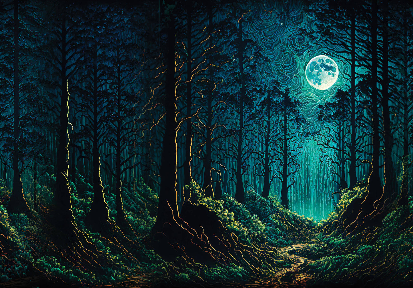 Dark Green Fantasy Forest Nature Non-woven Photo Wallpaper (W x H) 312 cm x 219 cm (123" x 86")