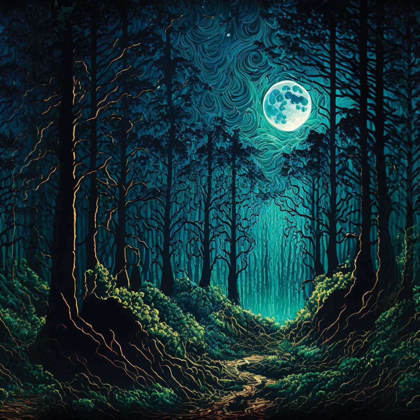 Dark Green Fantasy Forest Nature Non-woven Photo Wallpaper (W x H) 312 cm x 219 cm (123" x 86")