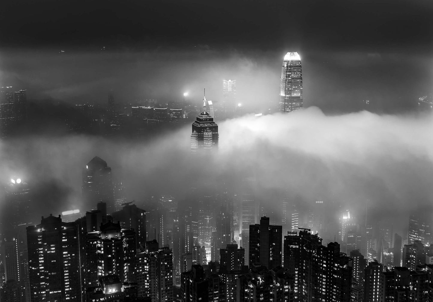 Black White City Skyline in the Fog Cityscape Non-woven Photo Wallpaper (W x H) 312 cm x 219 cm (123" x 86")