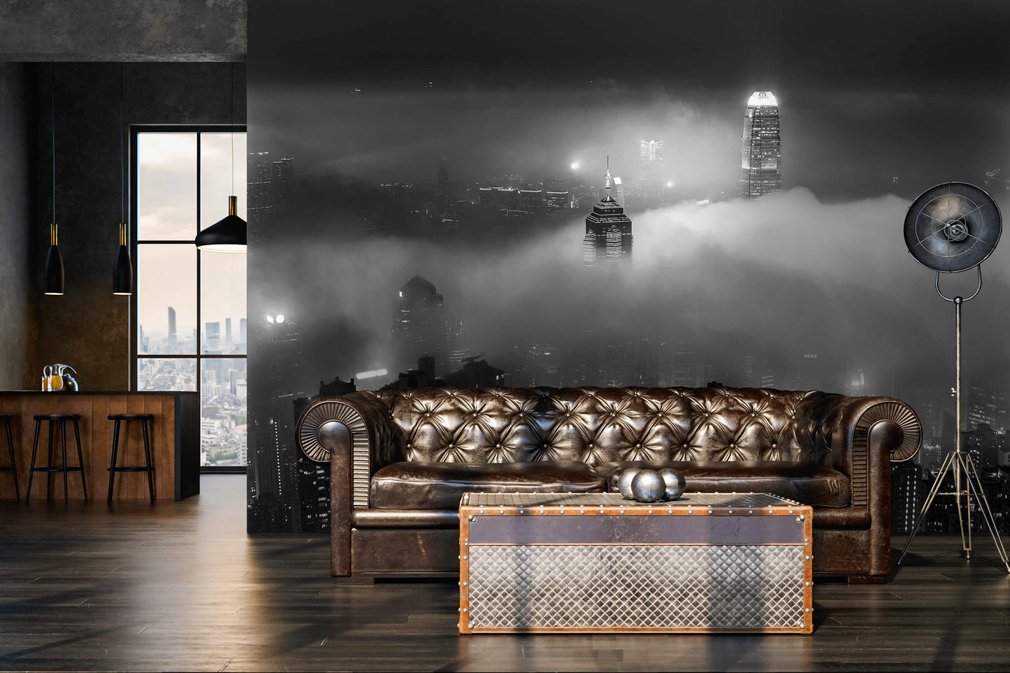 Black White City Skyline in the Fog Cityscape Non-woven Photo Wallpaper (W x H) 312 cm x 219 cm (123" x 86")