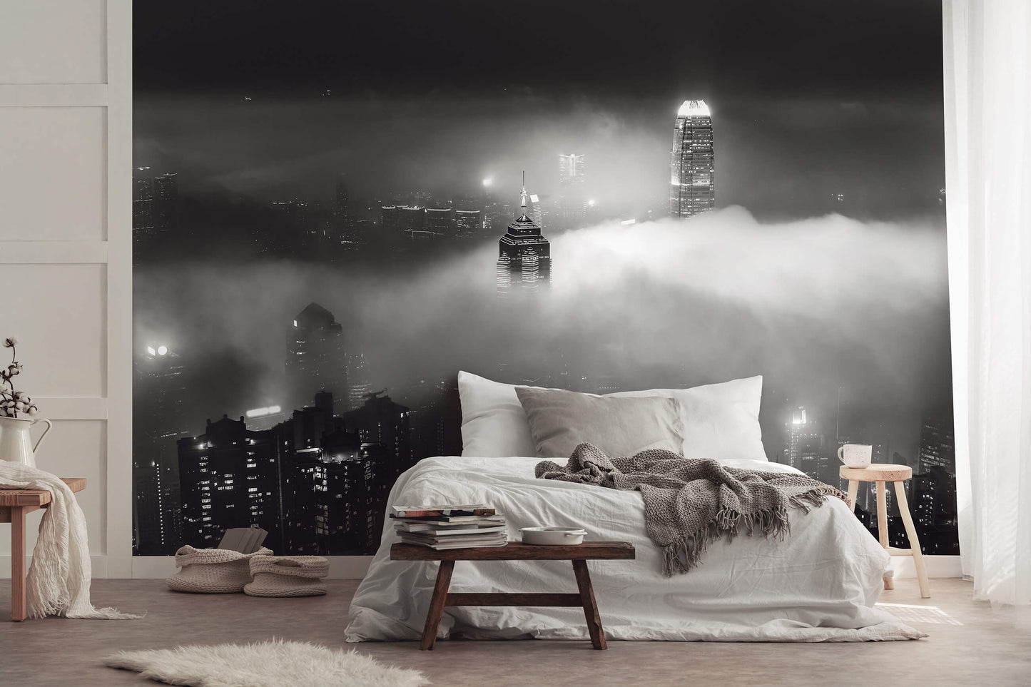 Black White City Skyline in the Fog Cityscape Non-woven Photo Wallpaper (W x H) 312 cm x 219 cm (123" x 86")