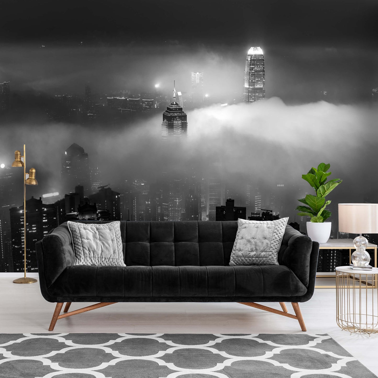 Black White City Skyline in the Fog Cityscape Non-woven Photo Wallpaper (W x H) 312 cm x 219 cm (123" x 86")