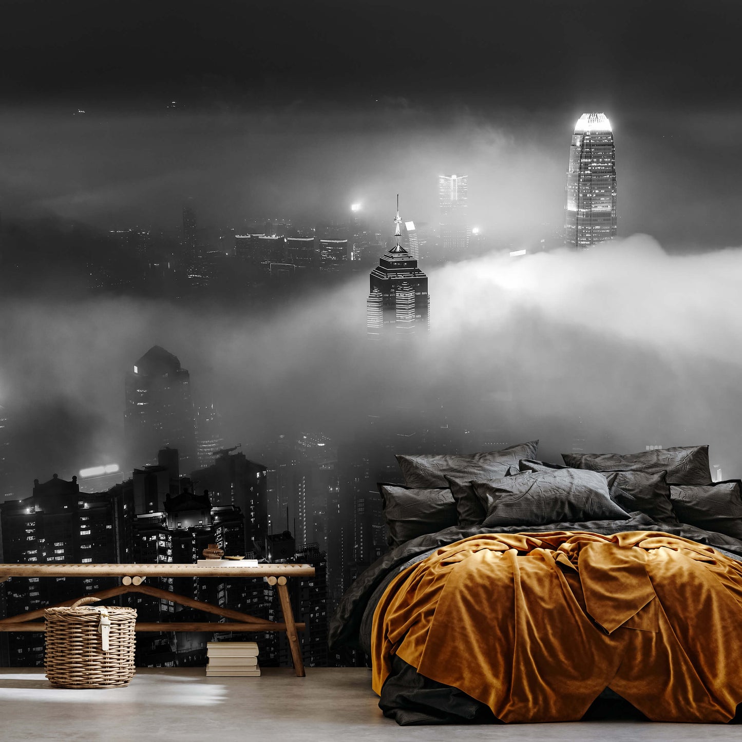 Black White City Skyline in the Fog Cityscape Non-woven Photo Wallpaper (W x H) 312 cm x 219 cm (123" x 86")