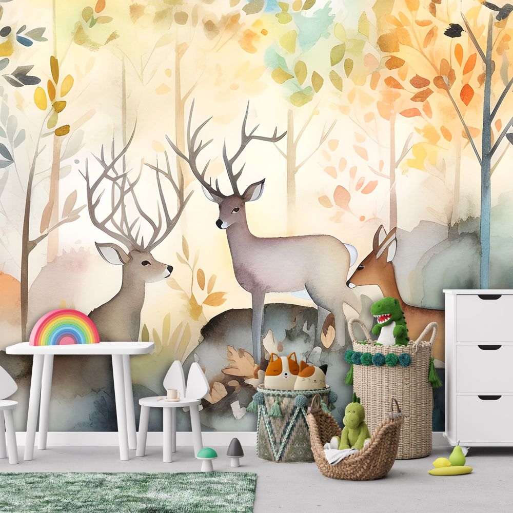 Forest Animals Calm Pastel Animal Non-woven Photo Wallpaper (W x H) 312 cm x 219 cm (123" x 86")