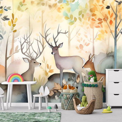 Calm Pastel Forest Animals Non-woven Photo Wallpaper (W x H) 312 cm x 219 cm (123" x 86")