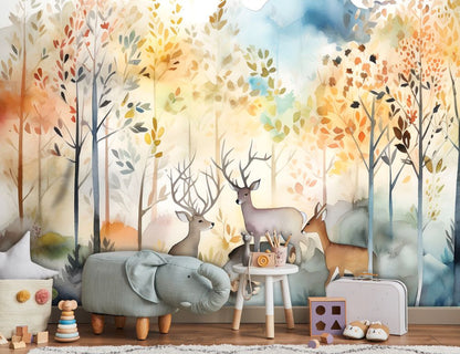 Calm Pastel Forest Animals Non-woven Photo Wallpaper (W x H) 312 cm x 219 cm (123" x 86")