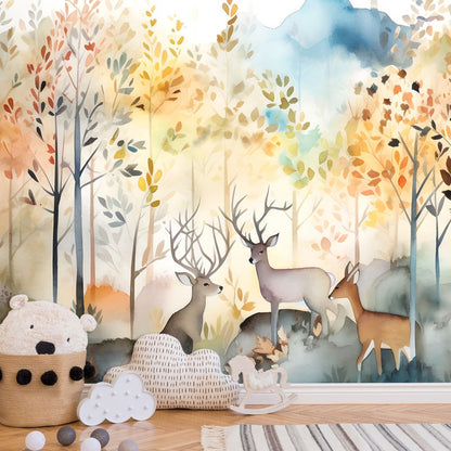 Calm Pastel Forest Animals Non-woven Photo Wallpaper (W x H) 312 cm x 219 cm (123" x 86")